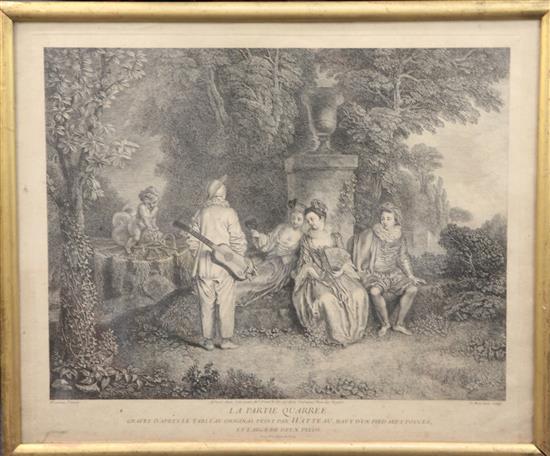 After Watteau La Partie Quarree, Le Plaisir Pastorale & Alte & 3 other prints.,